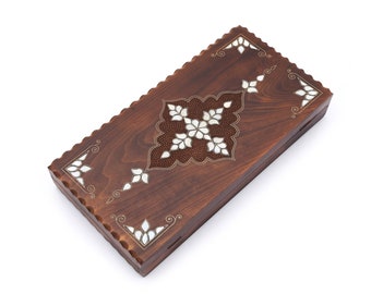 Eflatunpınar Backgammon Board White Mother of Pearl Inlaid Wooden Handmade Classic Design