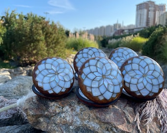 Mother of Pearl Lotus Compact Mirror Set: Handmade Walnut Wood, 5 Pieces