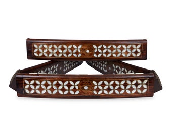 Mother of Pearl Inlaid Rummy Cube Game Set: Curved Wood Racks, Leather Bag