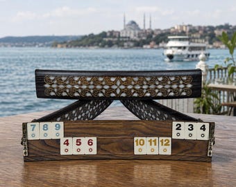 Handmade Rummy Game Mother of Pearl Inlaid Oval Cube Board by Istanbul Crafts