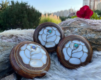 3 Mother-of-Pearl Inlay Compact Mirrors: Handmade Walnut Wood Pocket Mirror Set