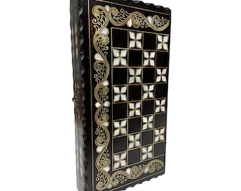 Handmade Mother of Pearl Inlaid Backgammon Set - Walnut Wood, Travel Size