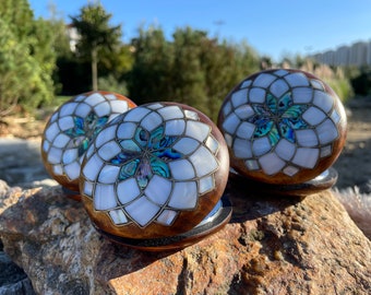 Mother of Pearl Inlay Compact Mirrors: Handcrafted Walnut & Abalone, 3-Piece Collection