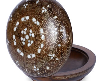 Handcrafted Walnut Jewelry Box: Mother of Pearl Inlay, Brass Wire Detail