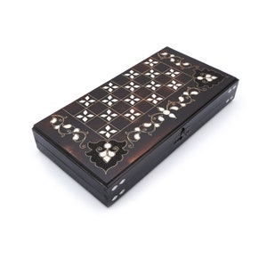 White Mother Of Pearl Inlaid Backgammon Game Set - Backgammon Set with Checkers Outside - Wooden Handmade Backgammon Set
