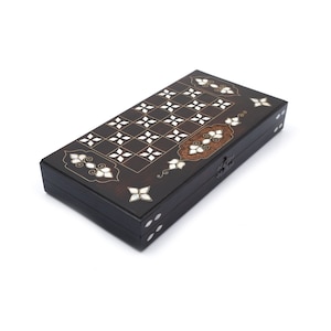 White Mother Of Pearl Inlaid Backgammon Game Set - Backgammon Set with Checkers Outside - Wooden Handmade Backgammon Set