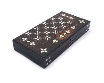 Handmade Walnut Backgammon Set: Mother of Pearl Inlay, Checkerboard
