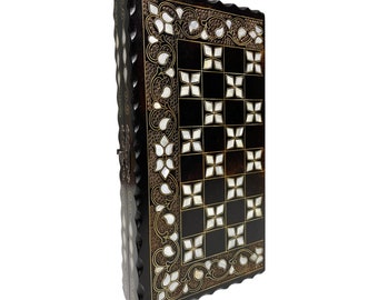 Handmade Mother of Pearl Inlaid Backgammon Set: Walnut Wood Travel Game