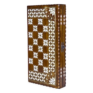 Wooden Handmade Backgammon Set - White Mother Of Pearl Inlaid Backgammon Game Set - Backgammon Set with Chess Outside