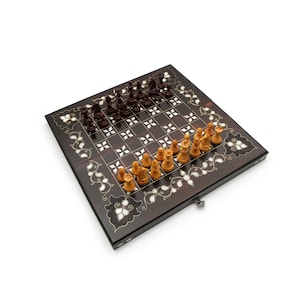 White Mother Of Pearl Inlaid Backgammon Set and Boxwood 3.2&quot; Hand Carved Wooden Chess Pieces - Wooden Handmade Backgammon and Chess Set