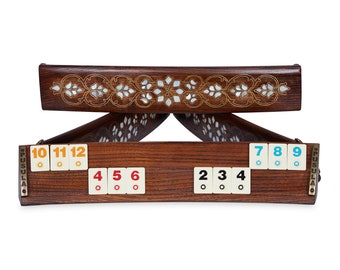 Mother of Pearl Inlaid Rummy Cube Game Set - Chestnut Wood