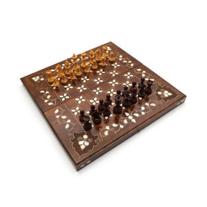 Cappadocia Wooden Handmade Chess Backgammon Set - Handmade Wooden Game Set 3 in 1 - Boxwood 3.2&quot; Hand Carved Wooden Chess Pieces