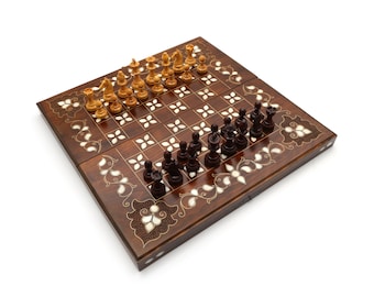 Cappadocia Chess Backgammon 3 in 1 Board Handmade Wooden Boxwood 3.2 Inch Carved Pieces