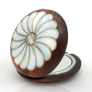 Handgemaakte parelmoer ingelegde houten compacte make-upspiegel vintage bruidsmeisje huwelijkscadeau