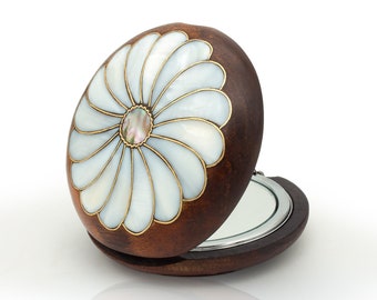 Handmade Mother of Pearl Inlaid Wooden Compact Makeup Mirror Vintage Bridesmaid Wedding Gift