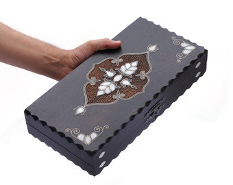 Mother of Pearl Inlaid Backgammon Set: Handmade Walnut Wood, 13.7 Inches