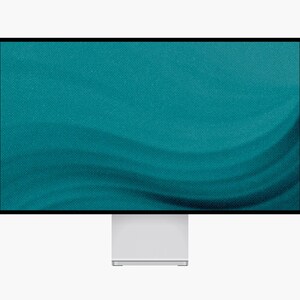 Pu&ograve; includere: Un monitor per computer con una sottile cornice nera e un supporto argentato. Lo schermo mostra una grafica digitale con un motivo ondulato e testurizzato in tonalit&agrave; verde acqua e blu scuro, creando un effetto visivo fluido e astratto.