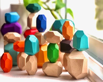 Stacking Wood Blocks set of 32 pieces, Montessori Toy, wood toy, Balancing blocks, Stacking toy, Sensory toy, Stacking Stones, Gems Rocks