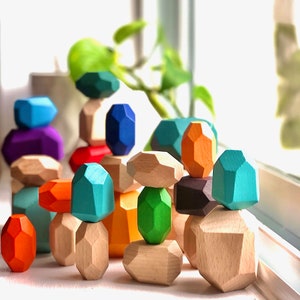 Stacking Wood Blocks set of 32 pieces, Montessori Toy, wood toy, Balancing blocks, Stacking toy, Sensory toy, Stacking Stones, Gems Rocks