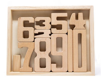 Large 10 pcs Natural Wooden Numbers Blocks,  Wooden Blocks, Balance Blocks, Number Blocks, Montessori Toy,  Wooden Numbers in Tray