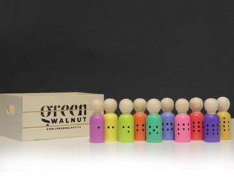 Number Match Game,  Montessori Wood Toy, Peg Dolls, Learning Game, Gift for Kids, Homeschool Activity, pastel Rainbow color