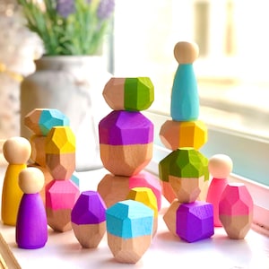 Wooden Stacking Rocks, Special set of 20 piece Toucan, Montessori Toy, Peg Dolls, Balancing blocks, Stacking toy