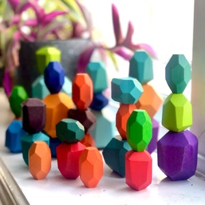 Stacking Wood Rocks, set of 32 piece Scarlet Color, Balancing Rocks, Montessori Toy, wood toy, Balancing blocks, Stacking toy, Gem Blocks