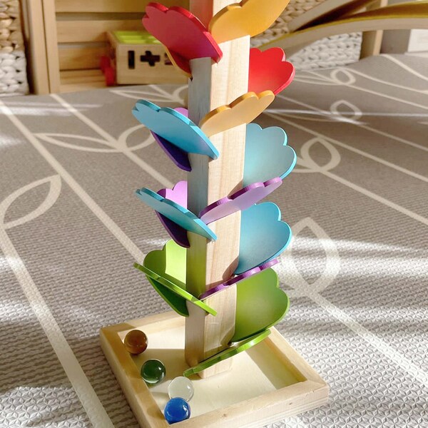 Pequeña carrera de árbol arco iris de madera, árbol de sonido, carrera de bolas, juguete de aprendizaje interactivo, juguete educativo, árbol de madera, carrera de mármol