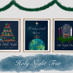 Oh Holy Night Christmas trio, Christmas Illustration Art, digital prints, Weary World Rejoices, Oh Night Divine,