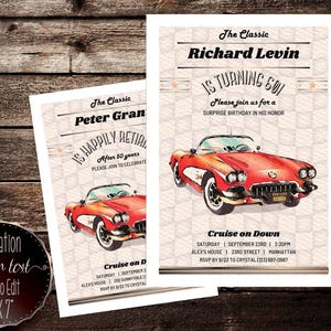 Retirement / Birthday Party Invitation, Corvette Classic Car, Vintage watercolor Illustration Cruisers, Hot rod, Muscle Cars, Men Birthday
