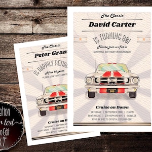 Retirement / Birthday Party Invitation, Mustang Classic Car, Vintage watercolor Illustration, Cruisers, Hot rod, Muscle Cars, Men Birthday