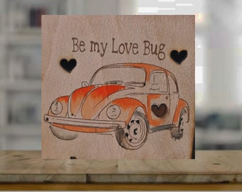 valentines card | Love bug Beetle Herbie | Engraved personalised hand painted on natural wood greeting card for valentines- VW classic car