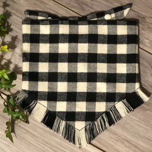 Plaid Fringe Dog Bandana: Personalized Snap Dog Bandana, Custom Dog Bandana, Pet Cat Custom Bandana, Black and White Plaid Soft Bandana
