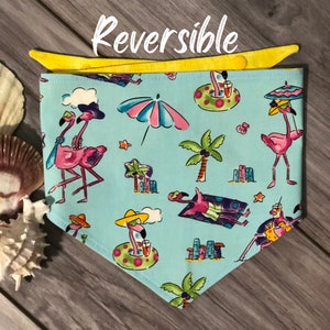 Personalized Reversible Snap Dog Bandana Yellow Summer Flamingo, Custom Dog Bandana, Cat Pet Bandana, Funny Dog Bandana