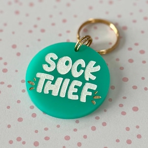 Acrylic Dog Tag: Sock Thief, Personalized Dog Tag, Cute Dog Tag, Cute Pet Tag, Dog Collar Charm