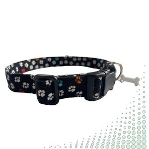 Personalized Dog Collar, Colorful Paws Pattern with Bone Charm, Cotton Fabric Covered