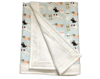 Dog Blanket Washable Soft Minky with Cotton Dogs with Glasses Print