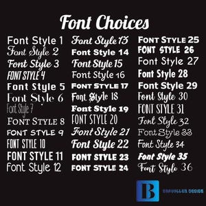 May include: A black and white image with the text "Font Choices" at the top.  The image lists 36 different font styles, numbered 1 through 36.