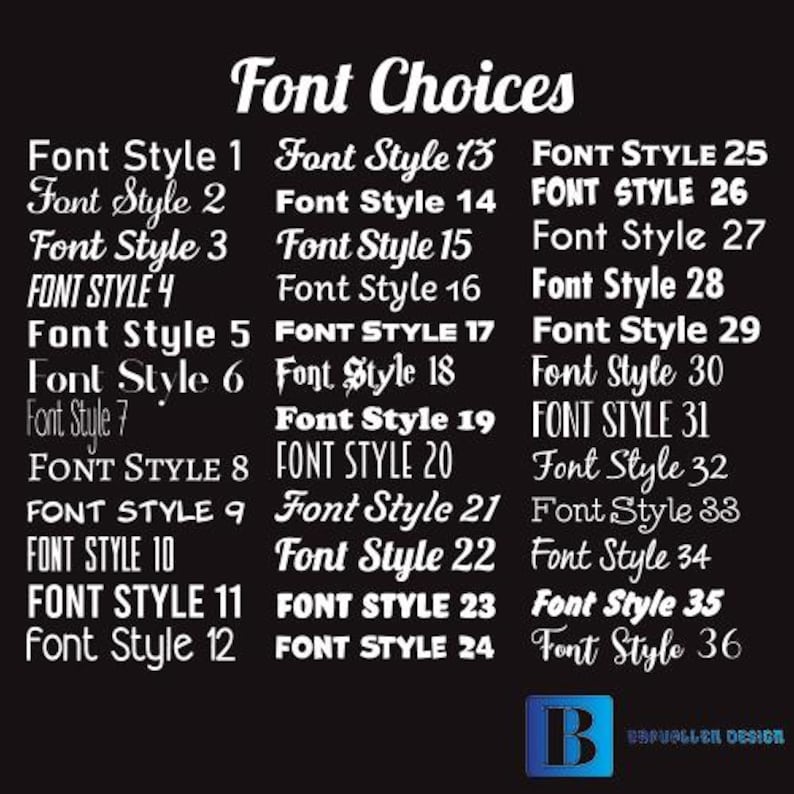 May include: A black and white image with the text "Font Choices" at the top.  The image lists 36 different font styles, numbered 1 through 36.
