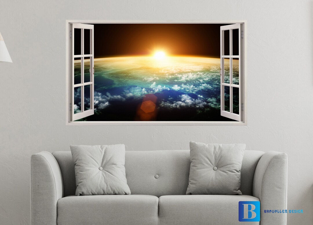 Outer Space Earth View Sunrise Wall Sticker 3D Window Effect View Wall ...
