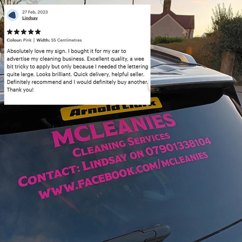 May include: Pink vinyl sign for a cleaning service business. The sign reads "MCLEANIES CLEANING SERVICES CONTACT: LINDSAY ON 07901338104 WWW.FACEBOOK.COM/MCLEANIES".