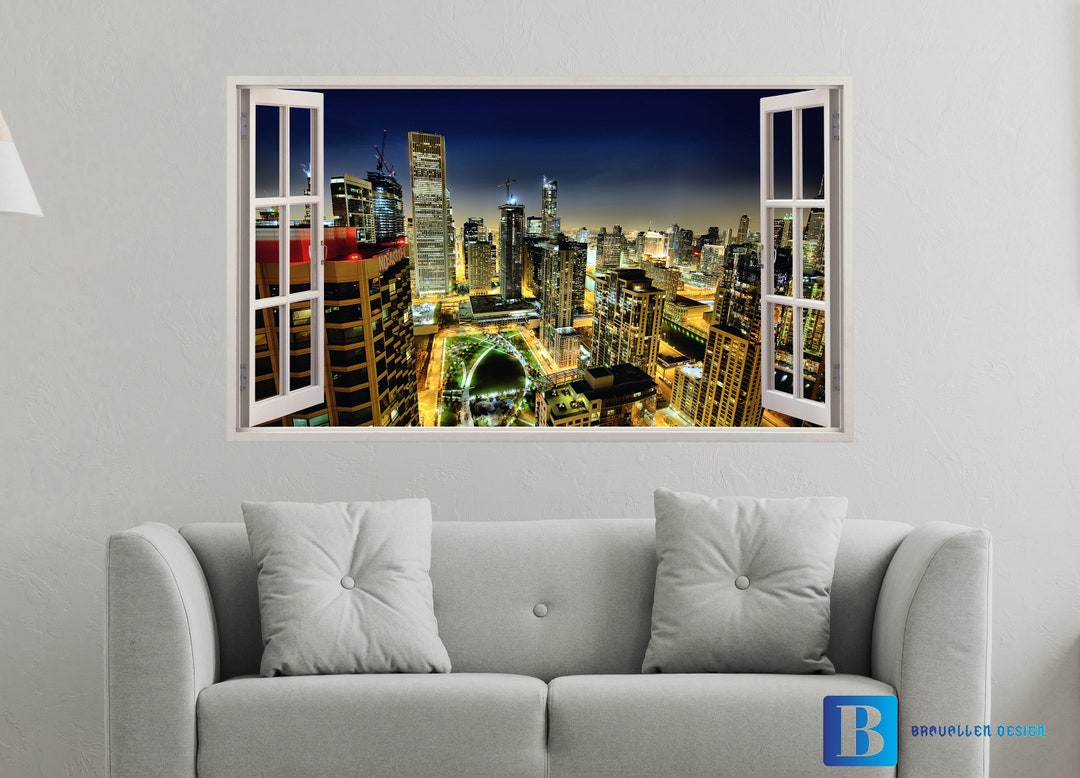 City Skyline Wall Sticker 3D Window Effect View Wall Decal Removable ...