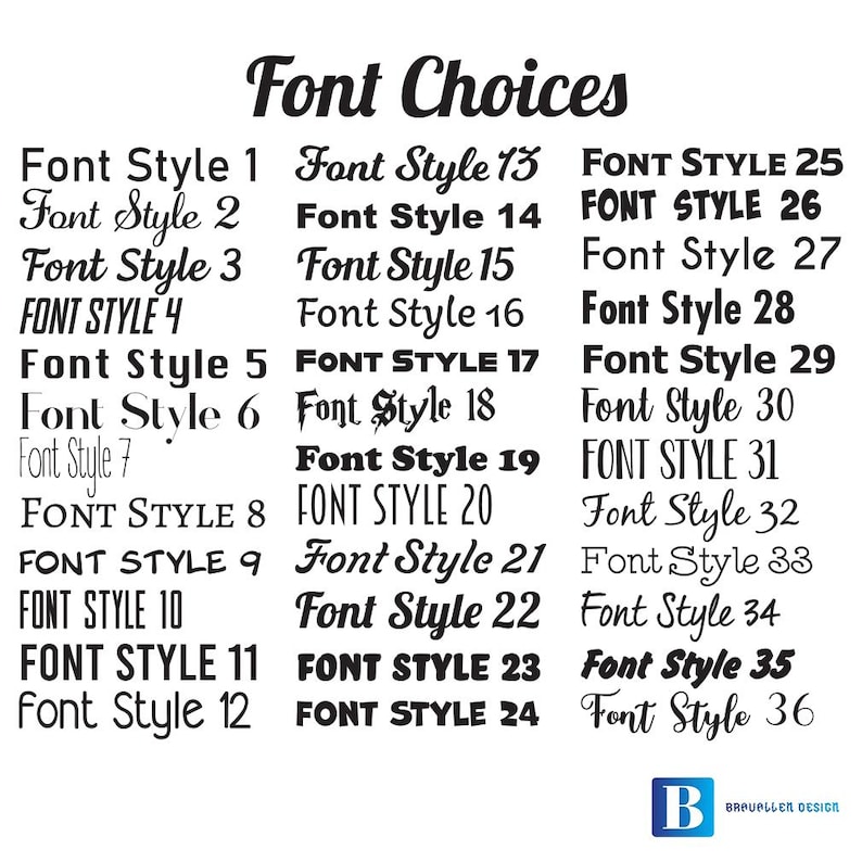 May include: A chart of 36 different font styles, labeled "Font Choices". Each font style is displayed in a different style, with the font name listed next to it.
