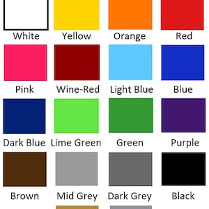 May include: A chart showing 16 different color options. The colors are: white, yellow, orange, red, pink, wine-red, light blue, blue, dark blue, lime green, green, purple, brown, mid grey, dark grey, black, gold, and silver.
