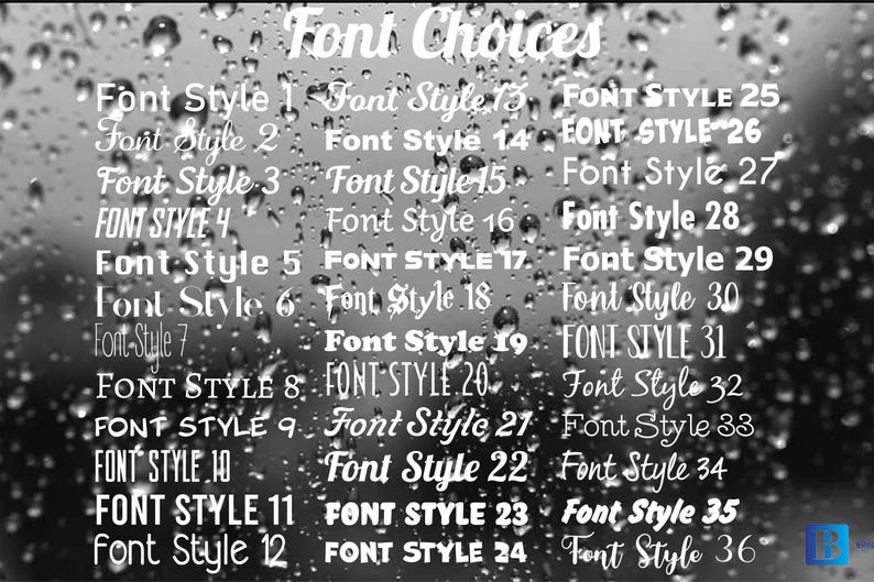 May include: A list of 36 different font styles, labeled "Font Style 1" through "Font Style 36".
