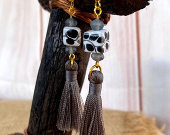 Gray tassel talavera earrings