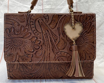 brown tooled leather crossbody
