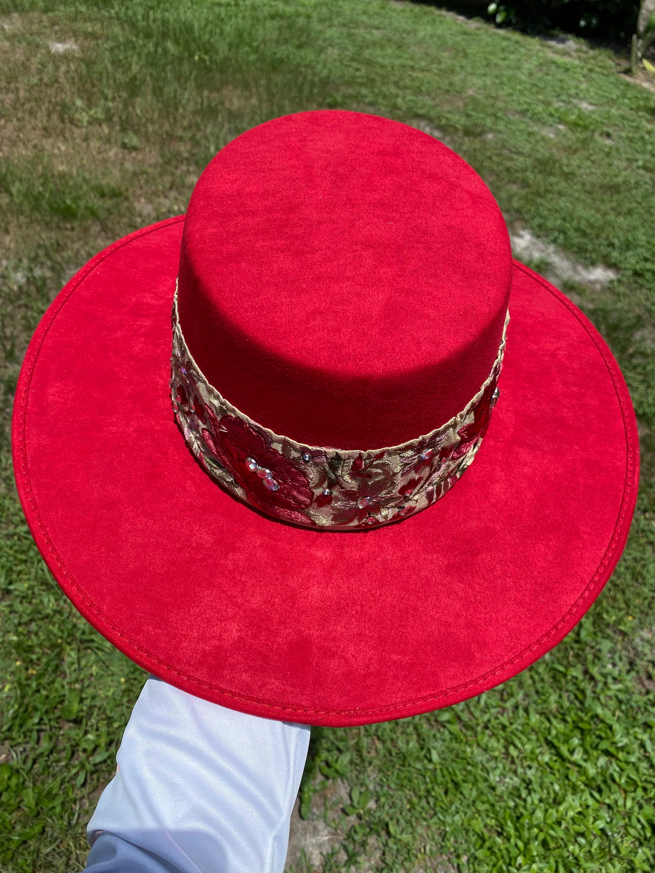 Red Beaded Floral Boater Hatd-49 - Etsy display picture 3