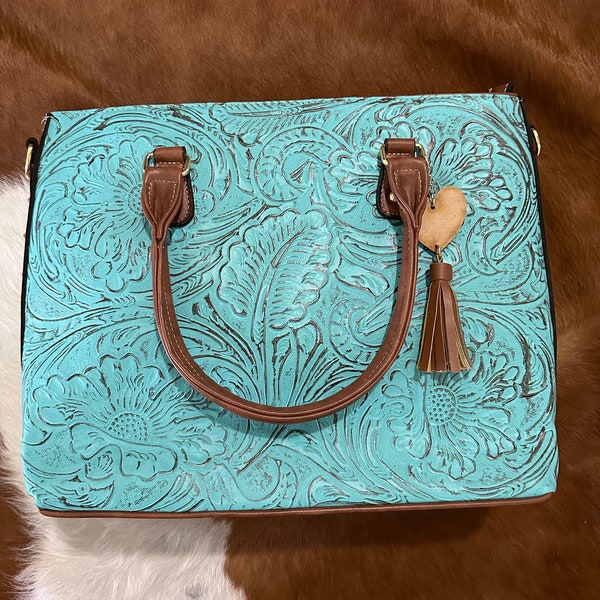 Turquoise tooled leather purse