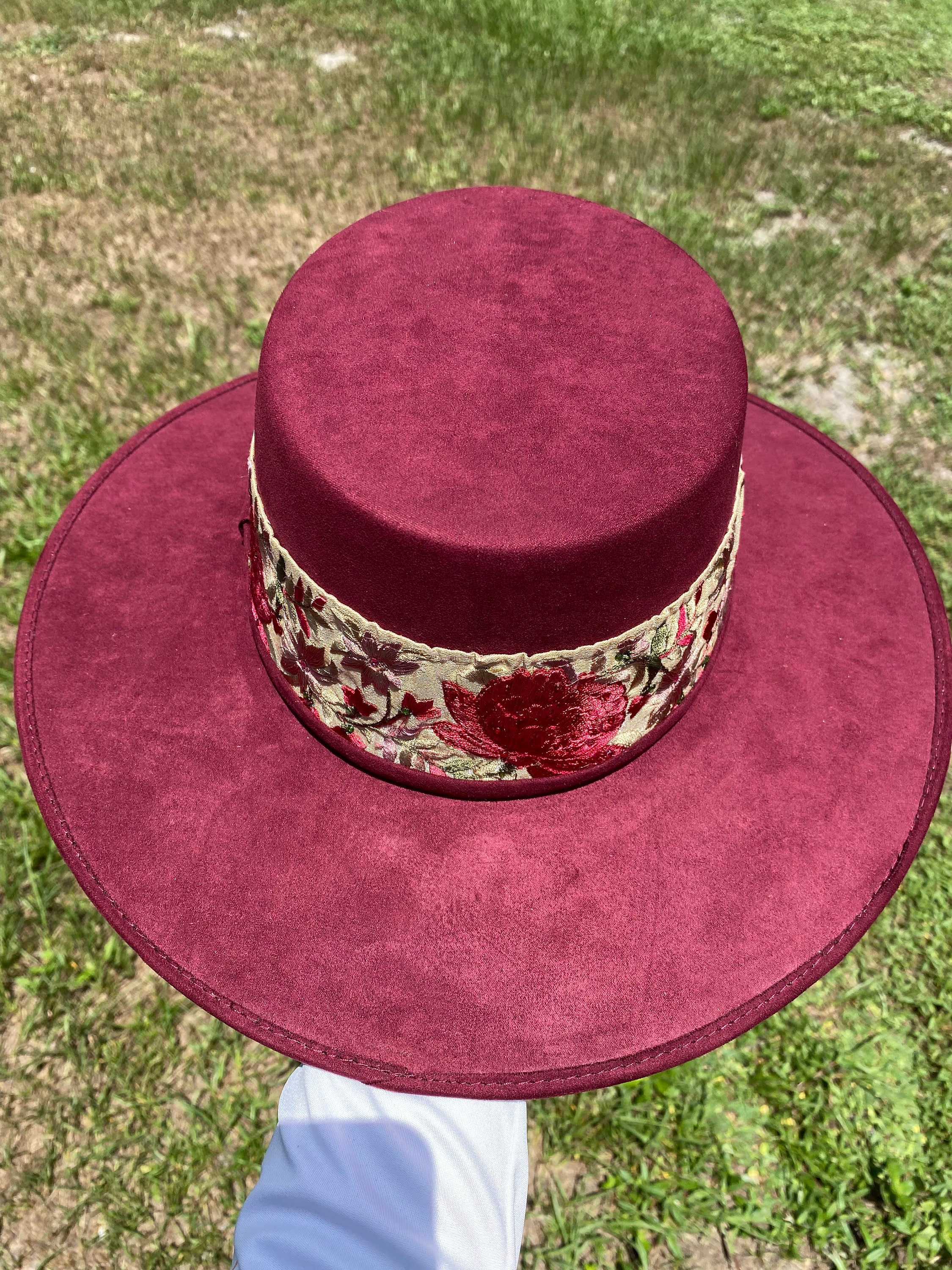 Custom painted floral designed red boater hat Straw Boater Hat- Betty Boater- Red- Made to Order - The Hat  main image 2